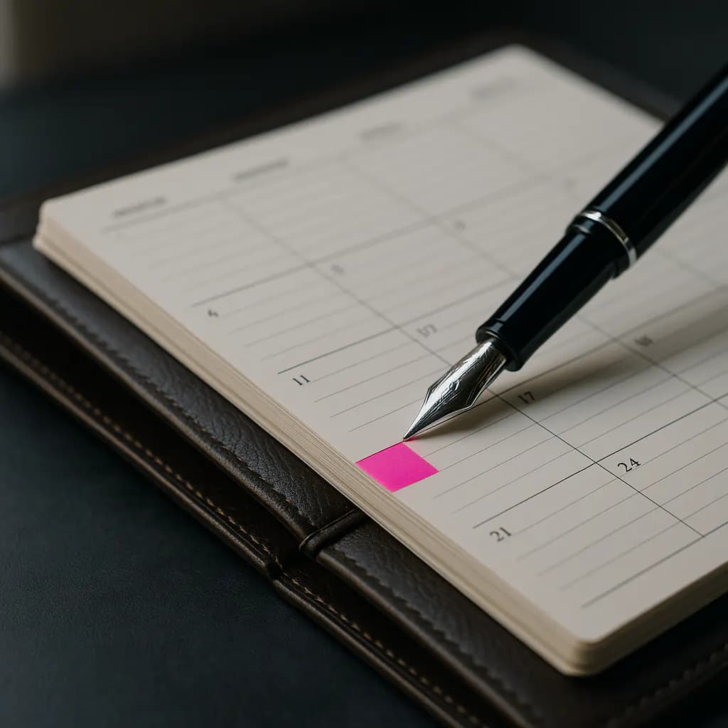 Leather desk calendar with a fountain pen pointing at a magenta-tabbed slot