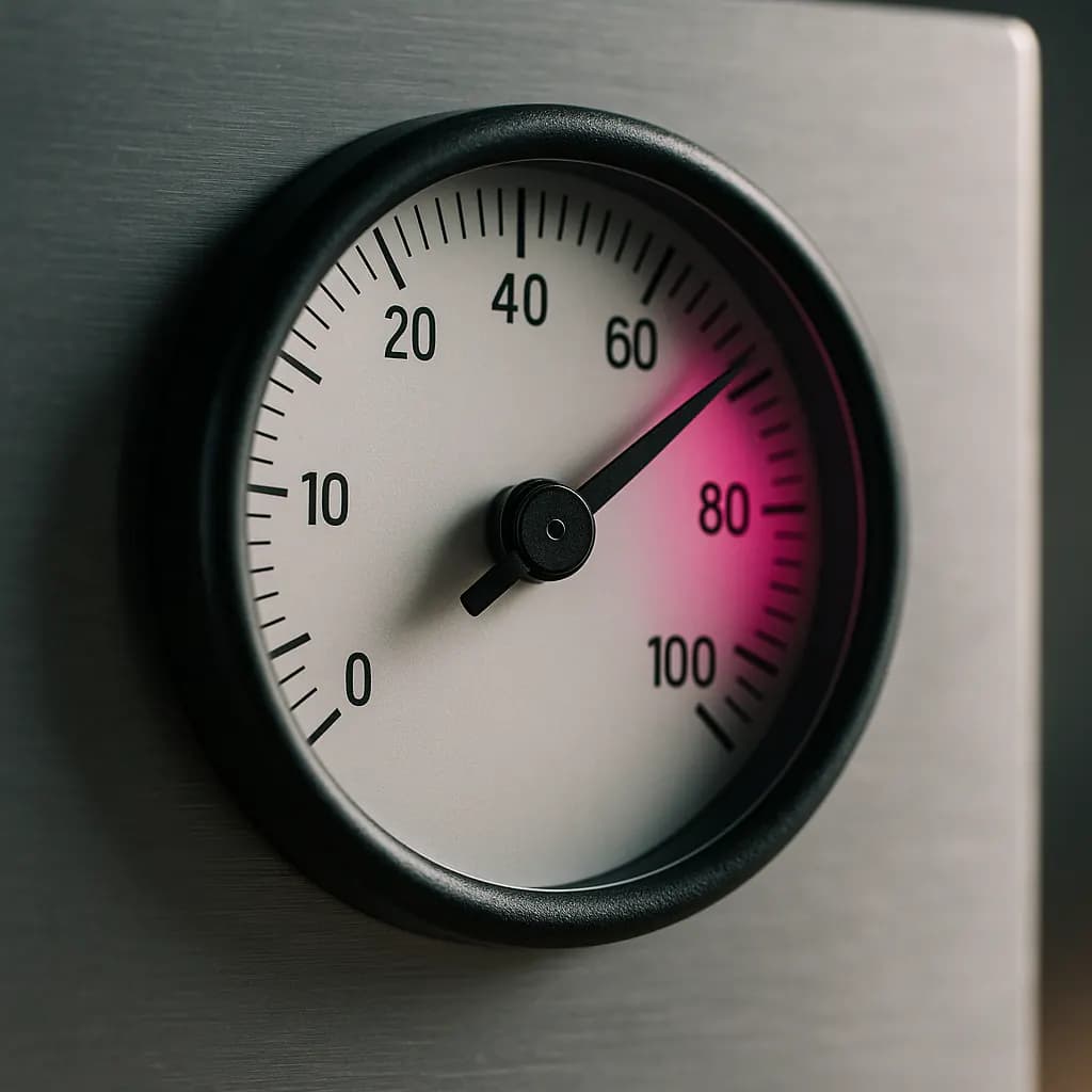 Premium analog gauge with the needle pointing right, magenta accent