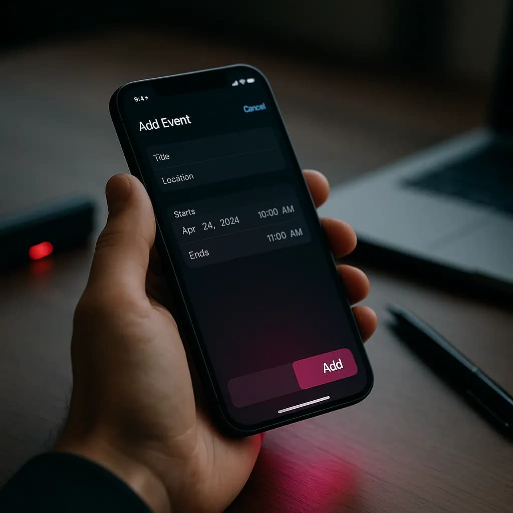 Hand holding a smartphone showing a calendar event being created