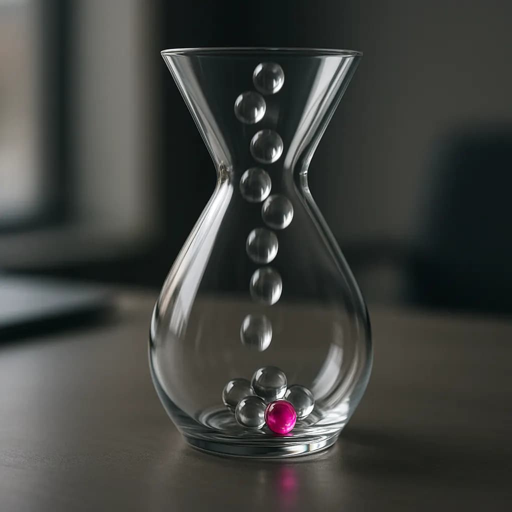 Glass funnel-shaped vase with marbles flowing through, one glowing magenta