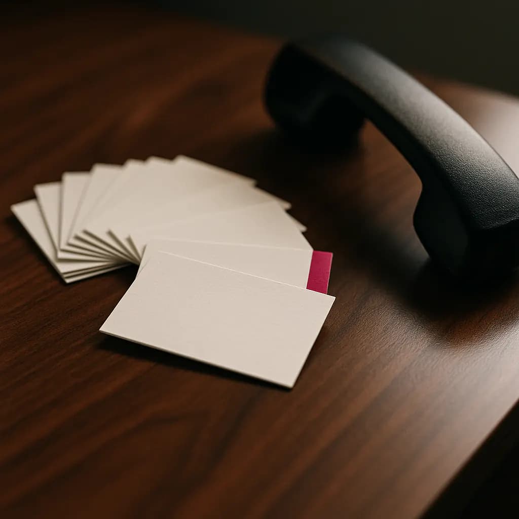 Fan of business cards on a walnut desk with one magenta-tabbed card