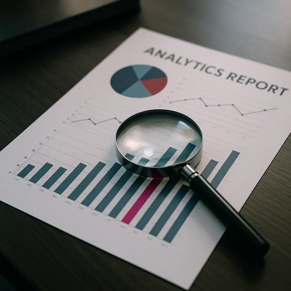Magnifying glass over a bar chart with one magenta-tinted bar