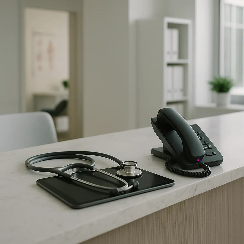 A medical practice reception desk with a phone and tablet
