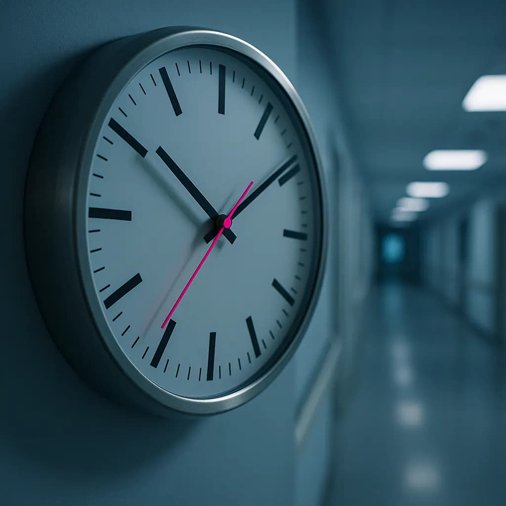 Wall clock with a magenta second hand in a clinic hallway at night