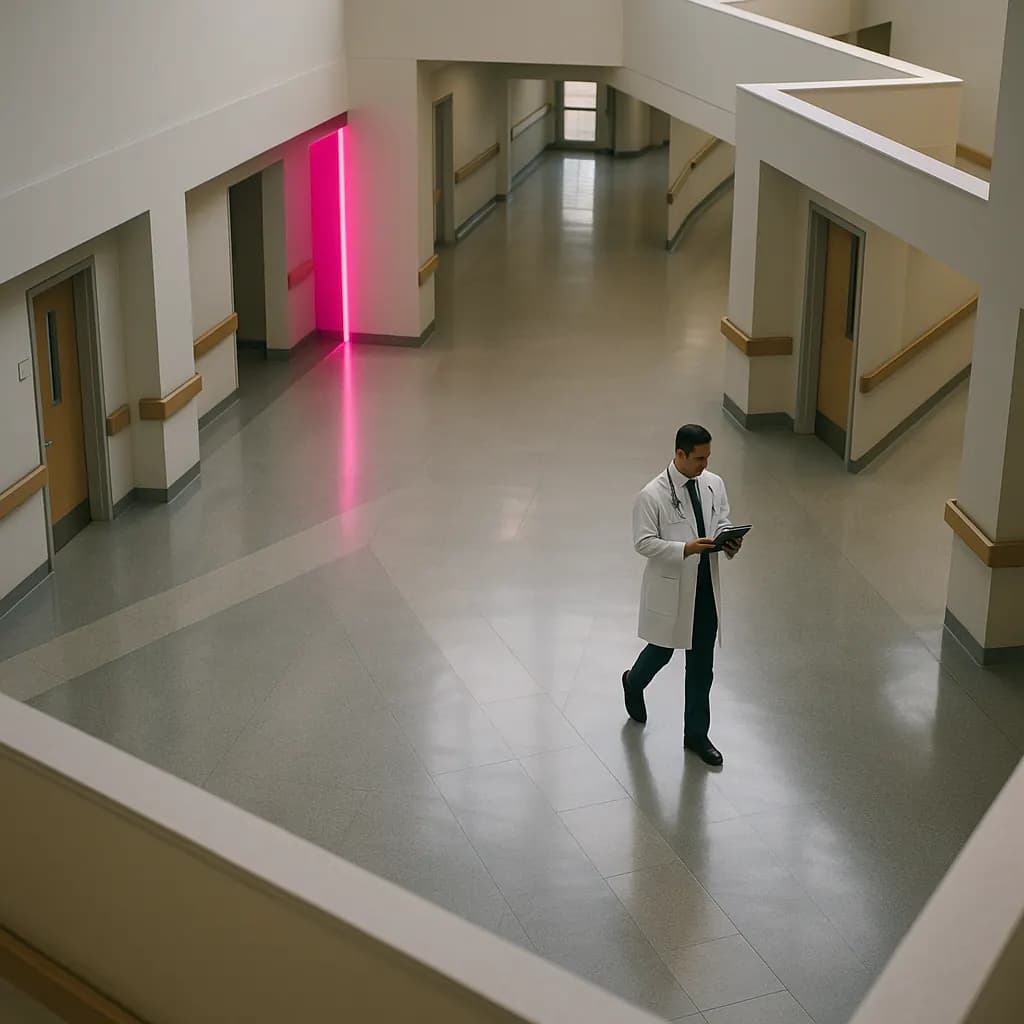 Aerial view of a hospital corridor branching in multiple directions