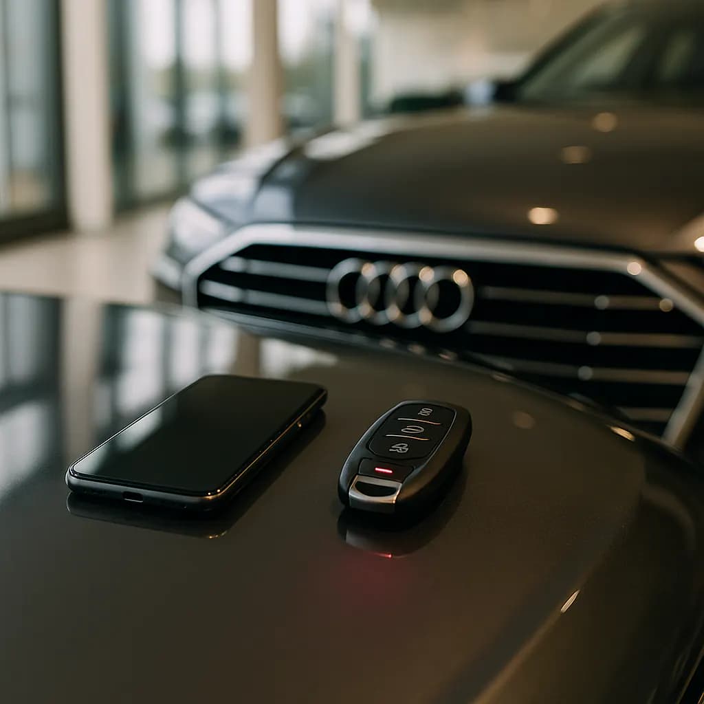 Car key fob and smartphone on a luxury car hood in a dealership