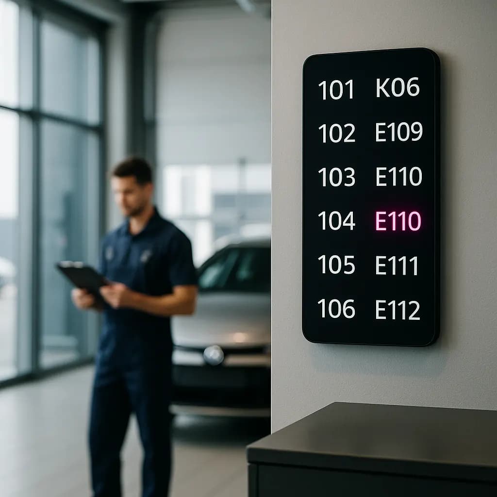 Modern auto-service center reception with a digital queue display