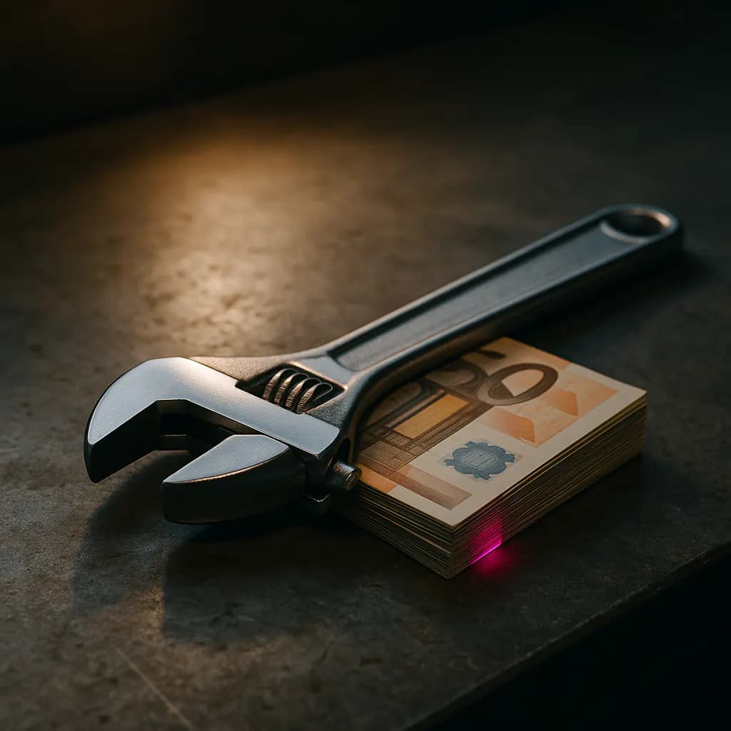 Wrench and a stack of euro banknotes on a workbench