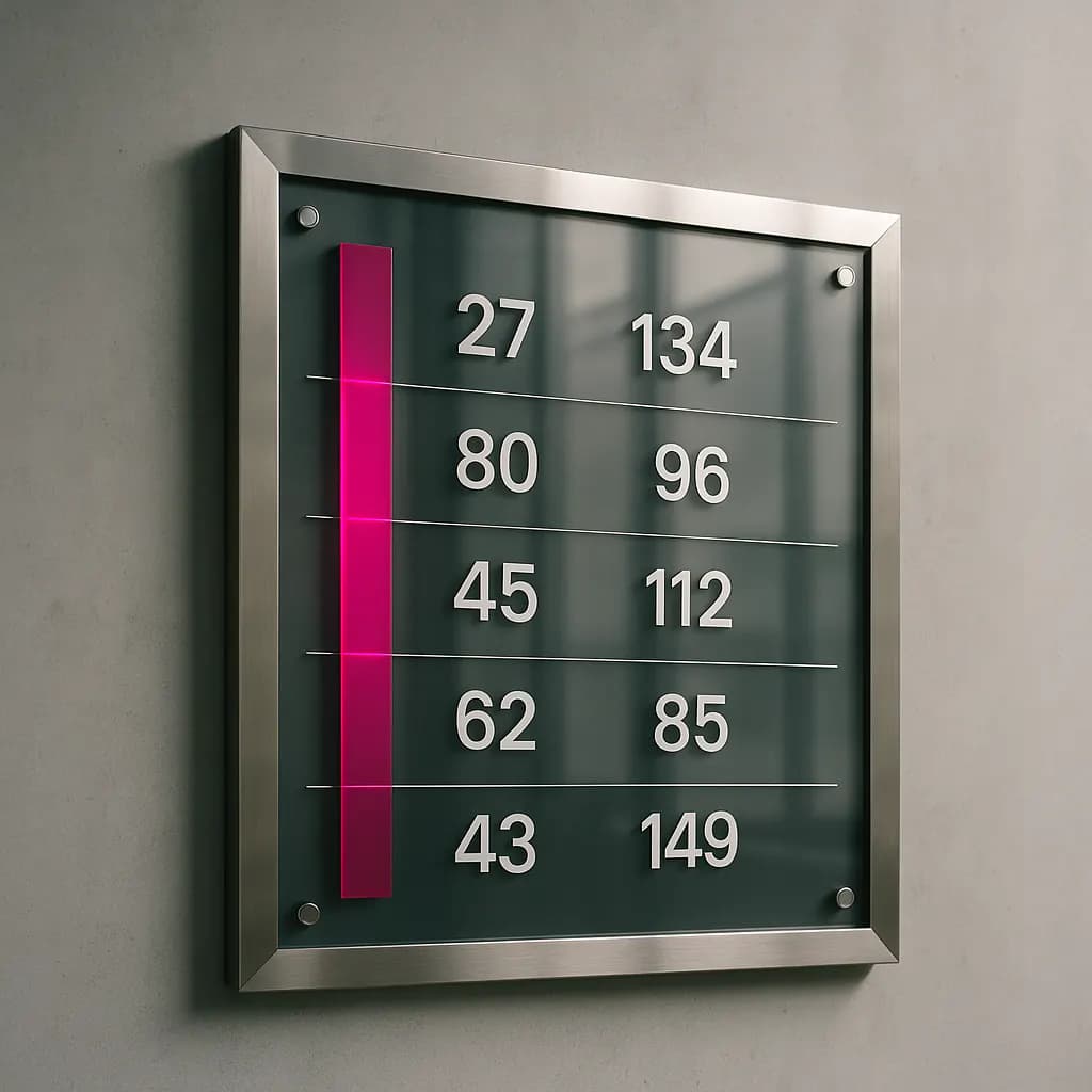 Polished glass scoreboard with one magenta-highlighted column
