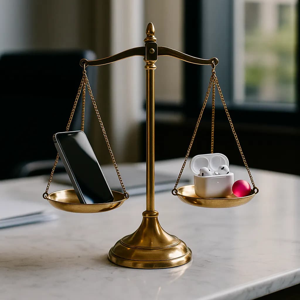 Brass balance scale weighing modern smart-tech objects