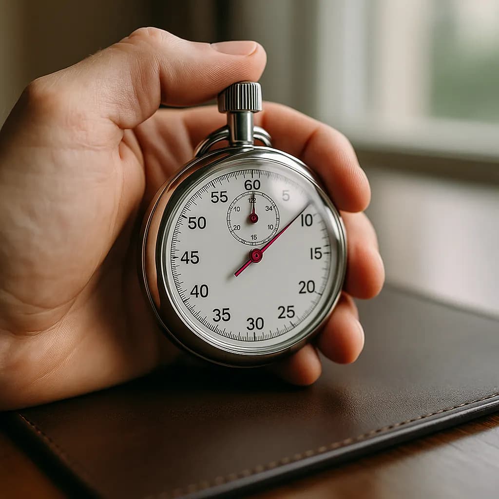 Premium stopwatch being pressed by hand, magenta second hand