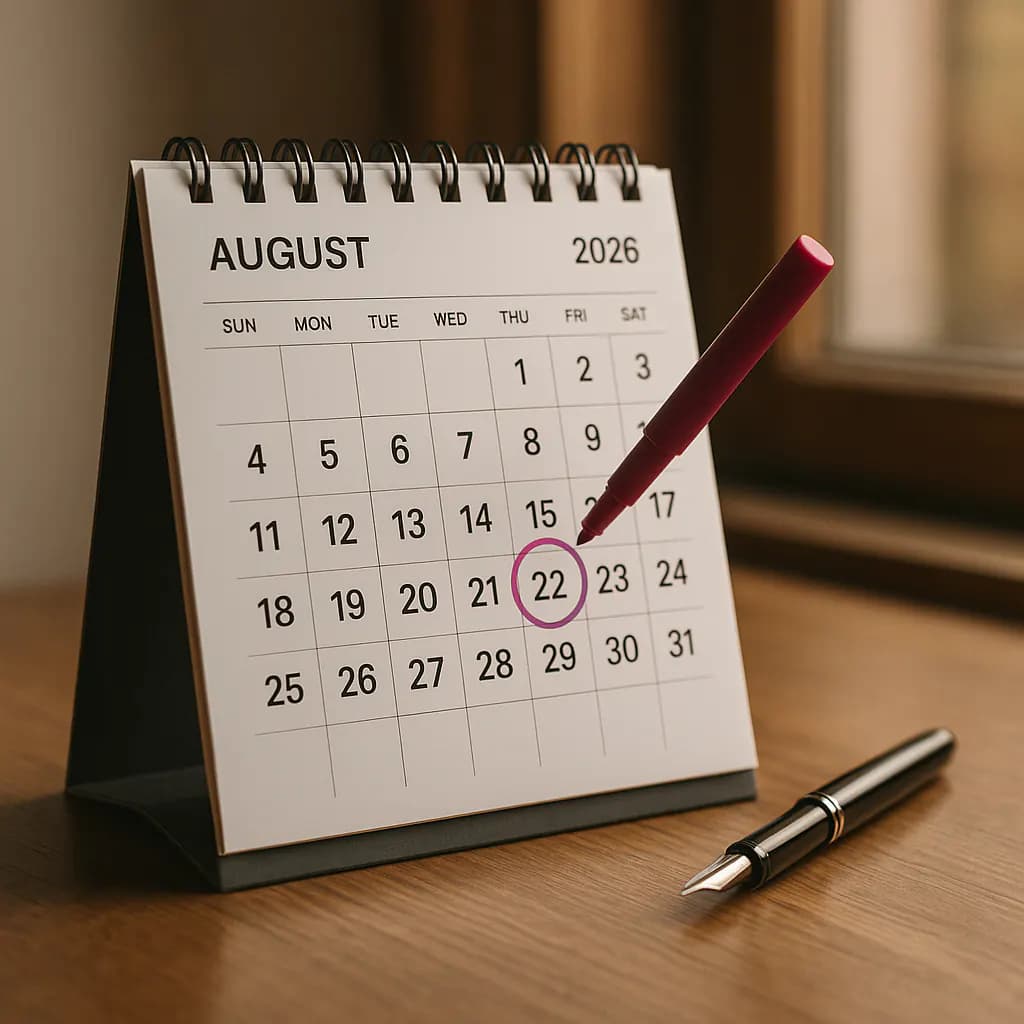 Desk calendar showing August 2026 with a magenta-circled date