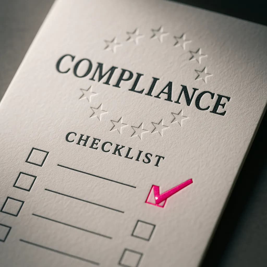 Compliance checklist with EU-style star ring and a magenta check mark
