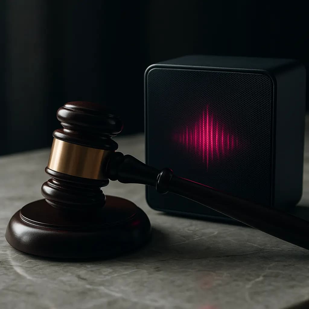 Polished judge gavel beside a speaker emitting a faint magenta sound wave