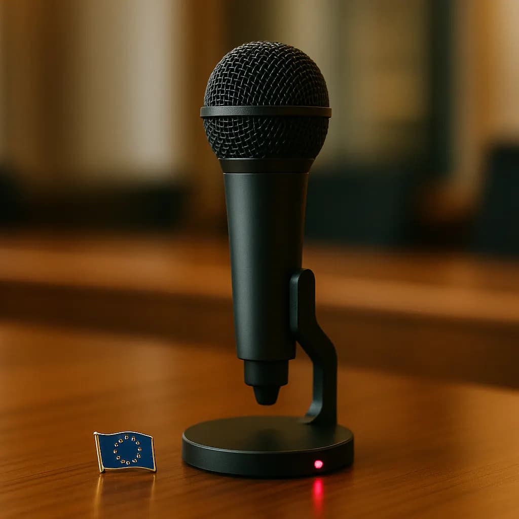Microphone on a desk with EU flag pin and a magenta indicator light