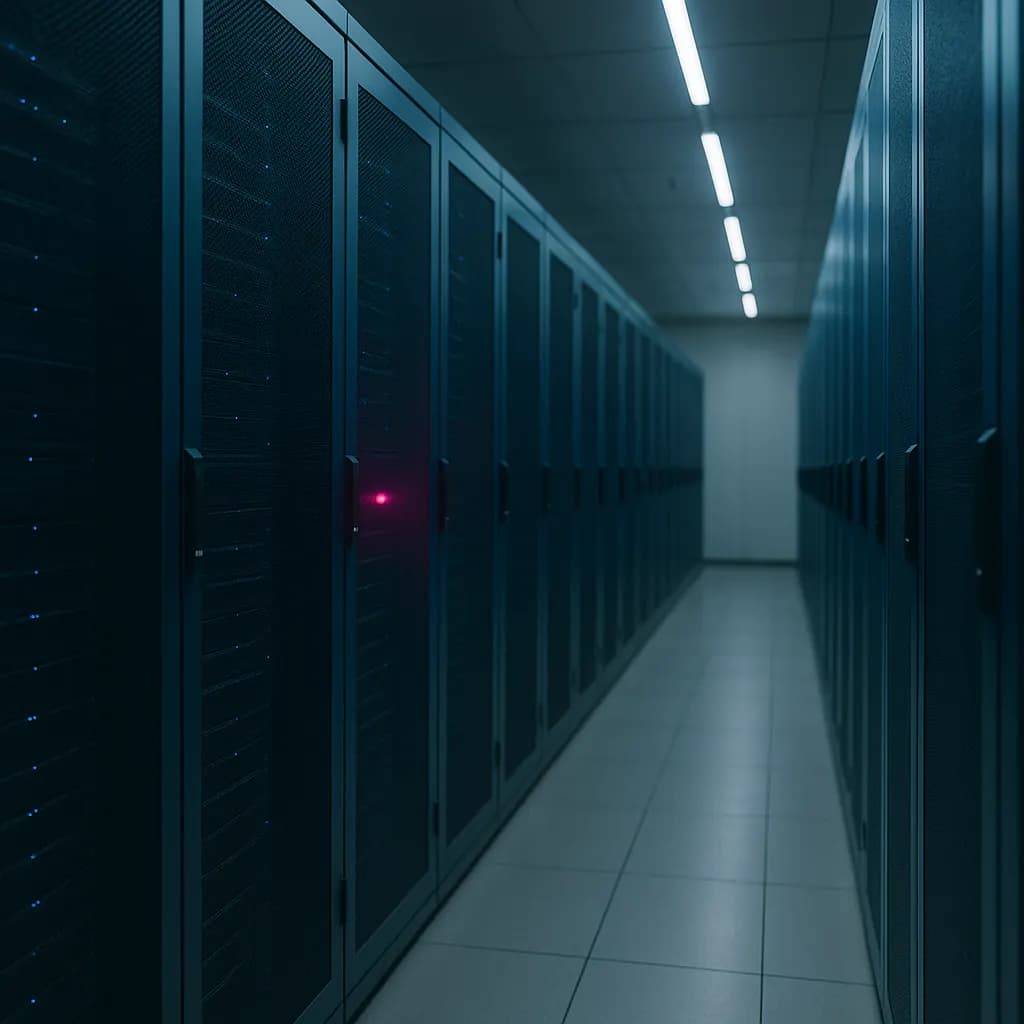 Server racks in an EU data centre corridor with one magenta status LED