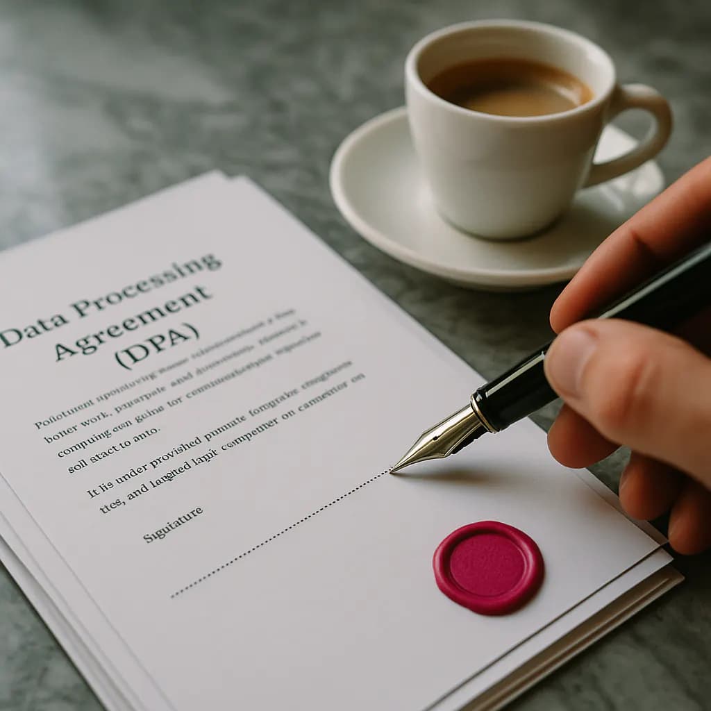 Fountain pen signing a DPA contract with a magenta wax seal