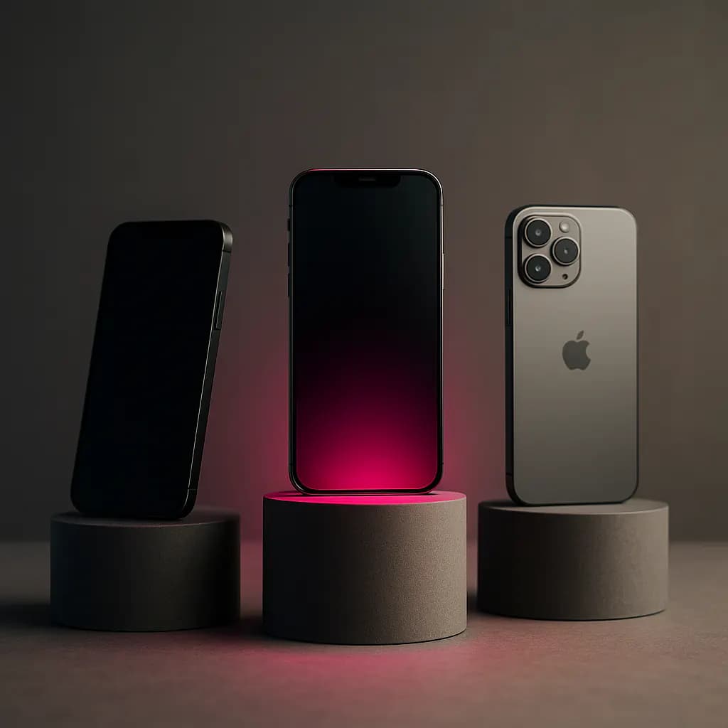 Three phone handsets on a podium-style display with magenta spotlight