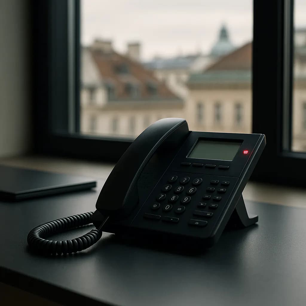 Modern desk phone with a Vienna rooftop view and a magenta caller-ID light