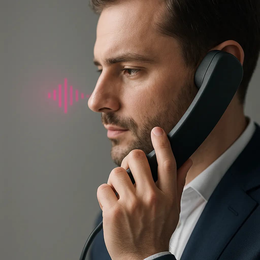 Premium phone receiver held to an ear with a faint magenta sound wave