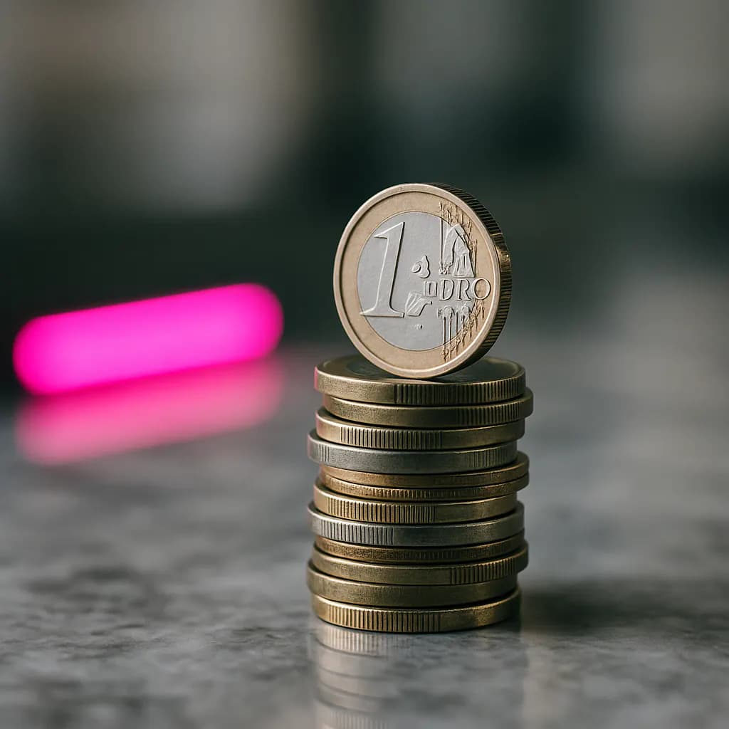 Stack of euro coins on marble with magenta-tinted accent light
