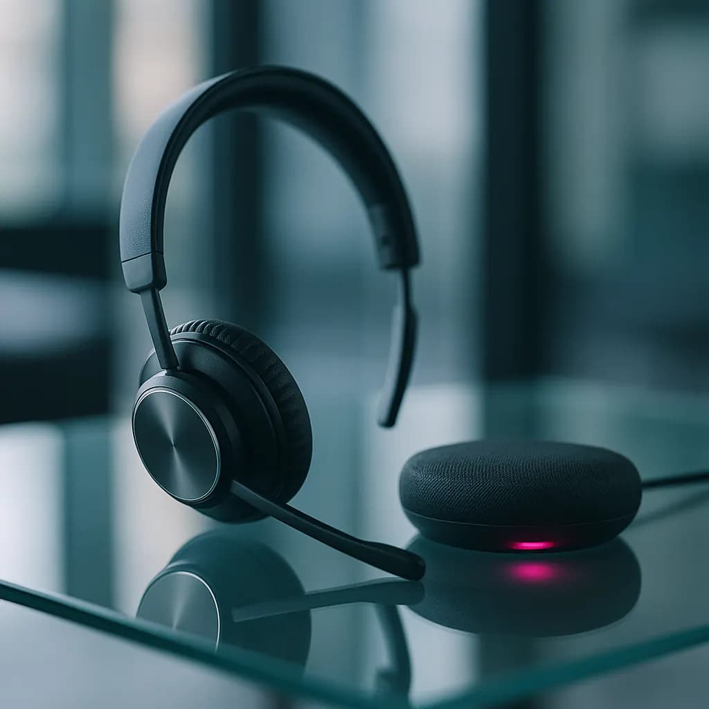 Professional headset beside a smart-speaker puck with a magenta LED