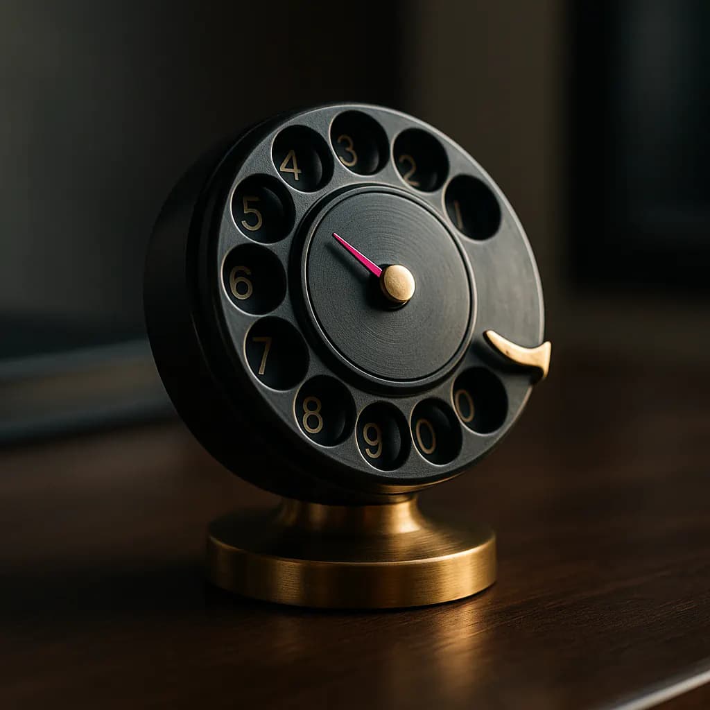 Vintage rotary dial reimagined as modern art with brass and magenta details