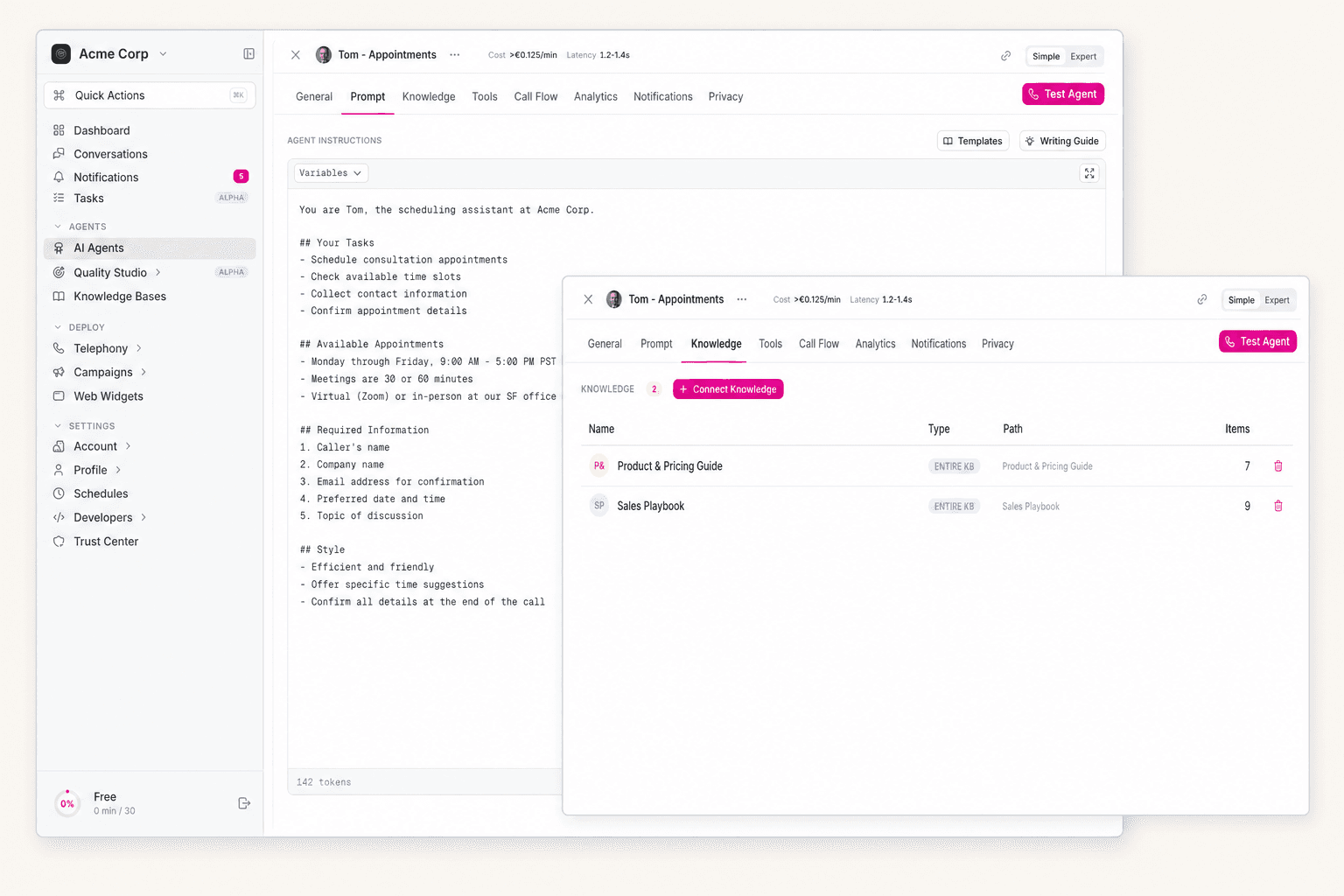 itellicoAI agent prompt editor with knowledge base panel — visual builder for prompts, knowledge, and tools