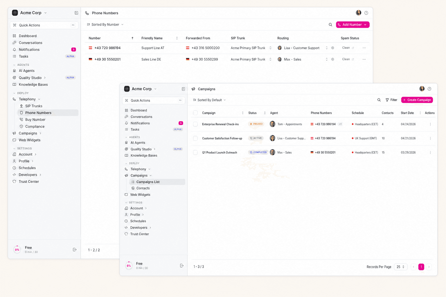 itellicoAI phone numbers list with campaigns surface — DACH numbers, SIP trunks, and outbound campaigns