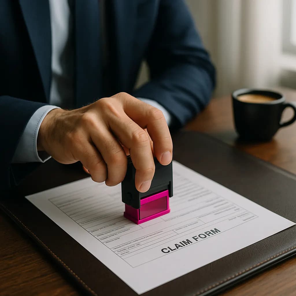 Hand stamping a claim form with a magenta-inked stamp