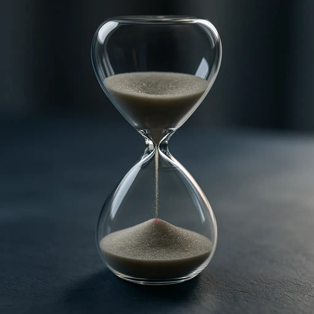 Premium hourglass with sand mid-flow and a single magenta grain