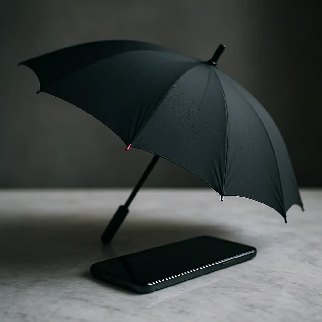 Black umbrella opened over a smartphone on marble